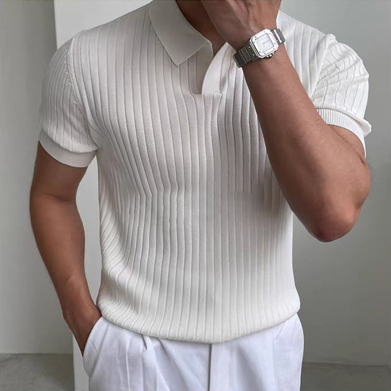 Summer Mens Slim-fit Lapel Solid-color Casual Lightweight Half-sleeve Trendy Stylish Top