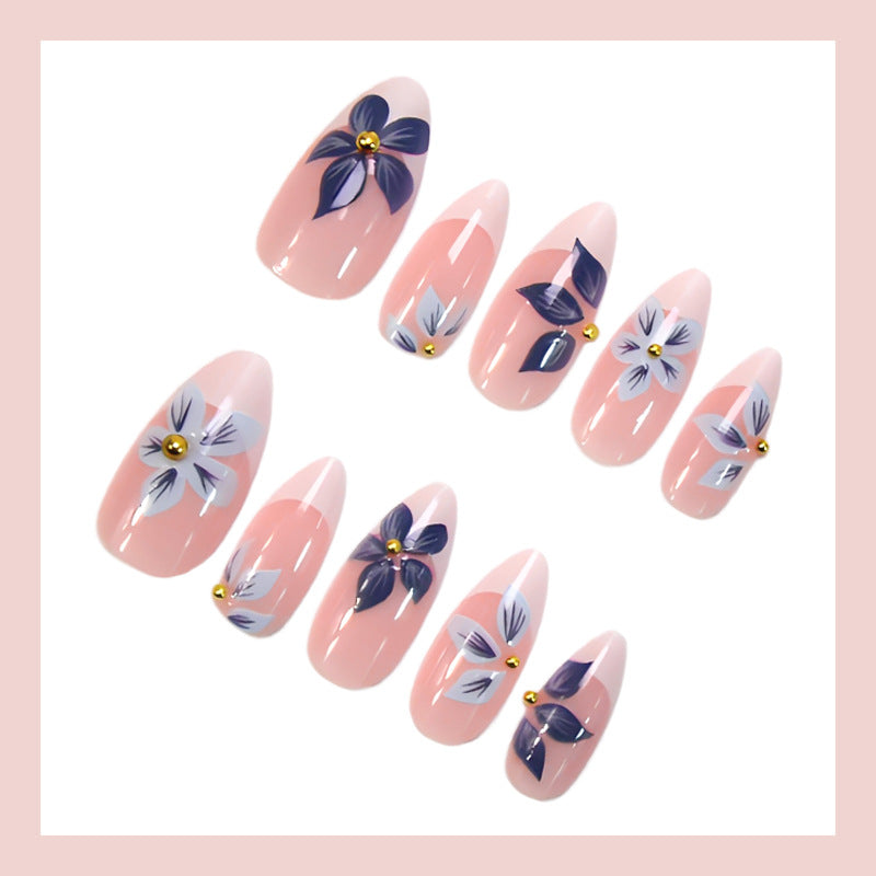 French Non-drip Retro Blue Floral Sweet Nail Art