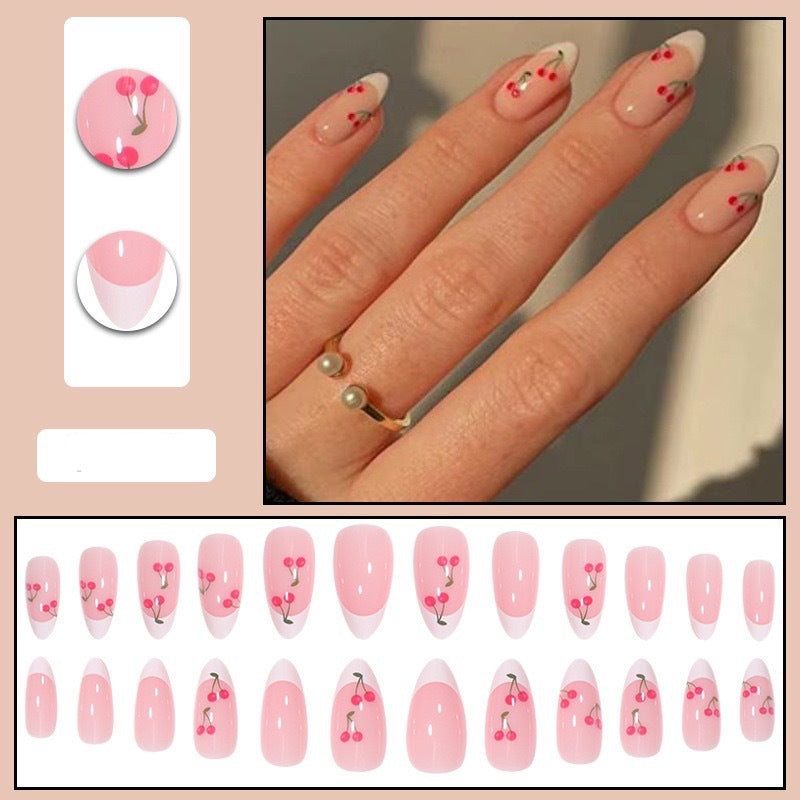 Cherry French Almond-Shape Removable Nail Tips Set
