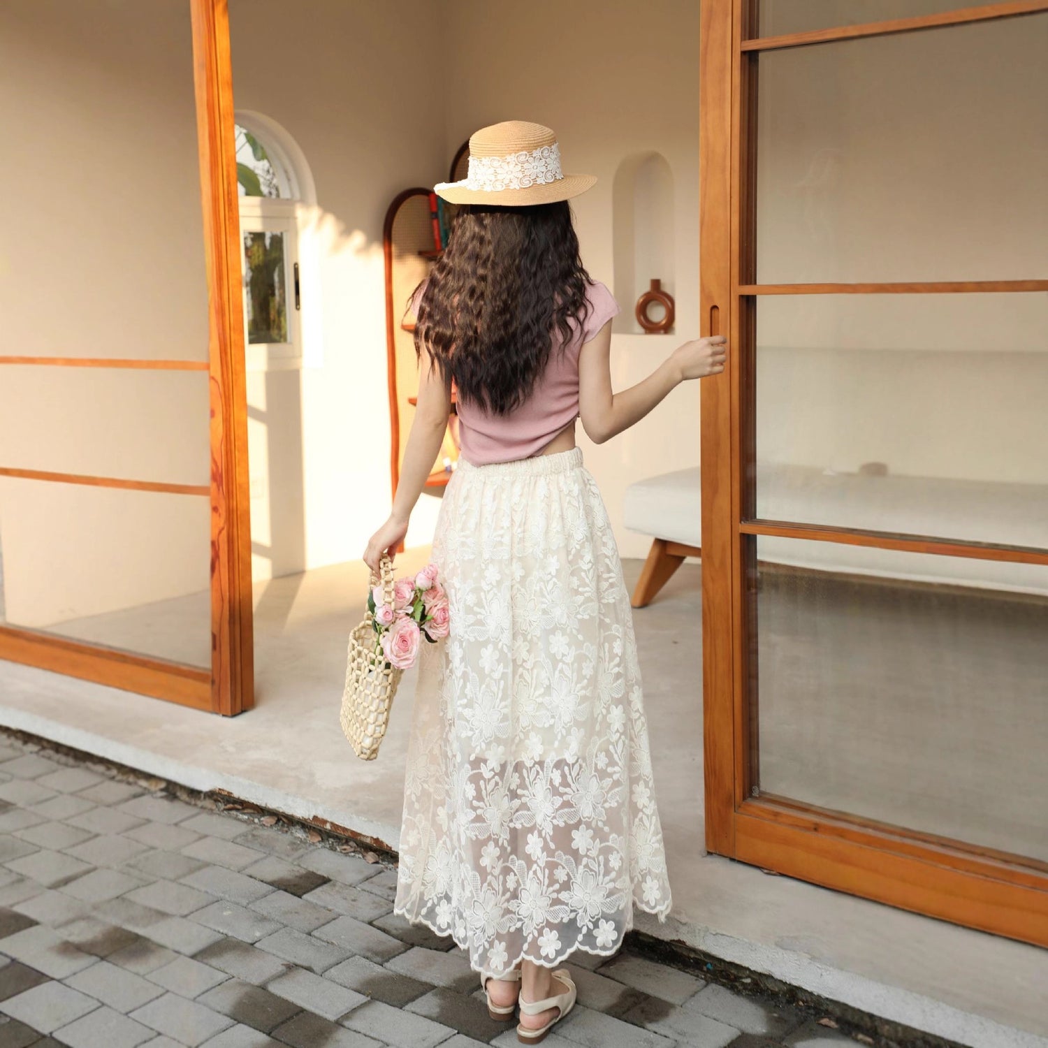 Retro Crochet Hollow-out Design Midi Skirt