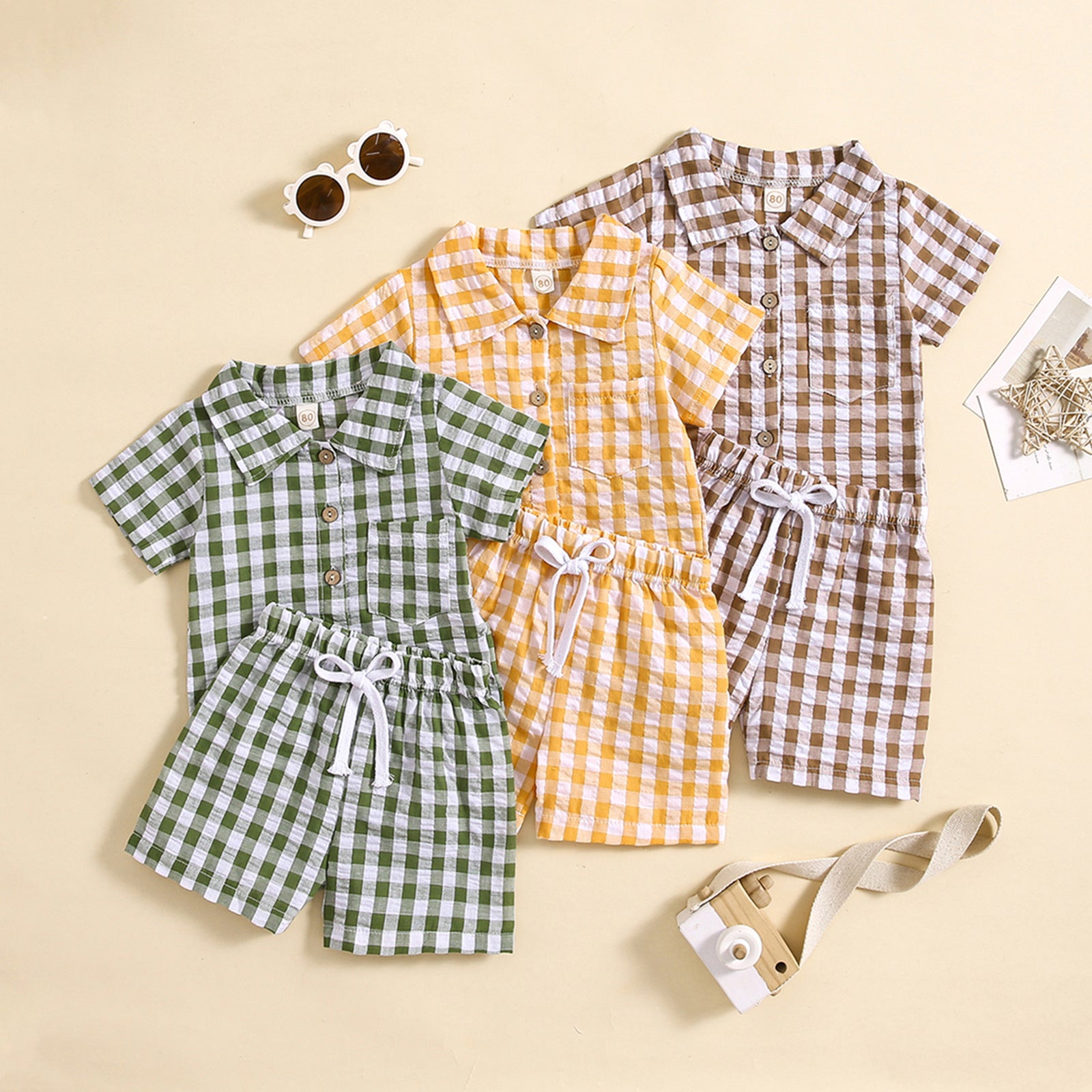 Boys  Short Sleeve Plaid Shirt Two-piece Set