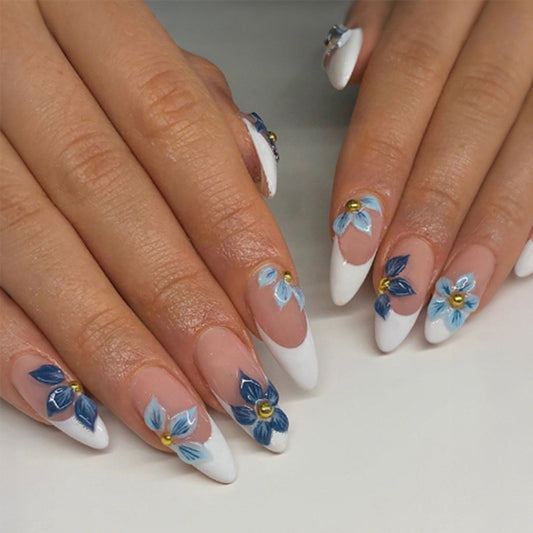 French Non-drip Retro Blue Floral Sweet Nail Art