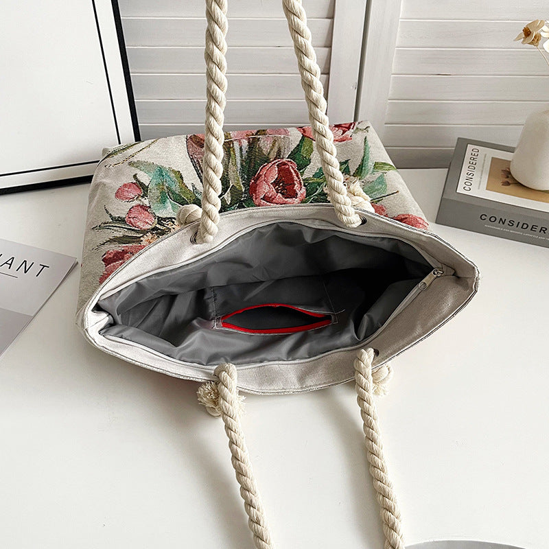 Double-Sided Jacquard Embroidered Canvas Tote Bag – Durable, Stylish, Spacious Shoulder Bag