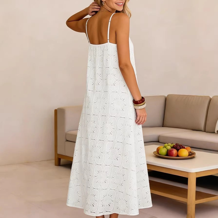 Womens Lace Solid-Color Sleeveless Buttoned Strap Dress