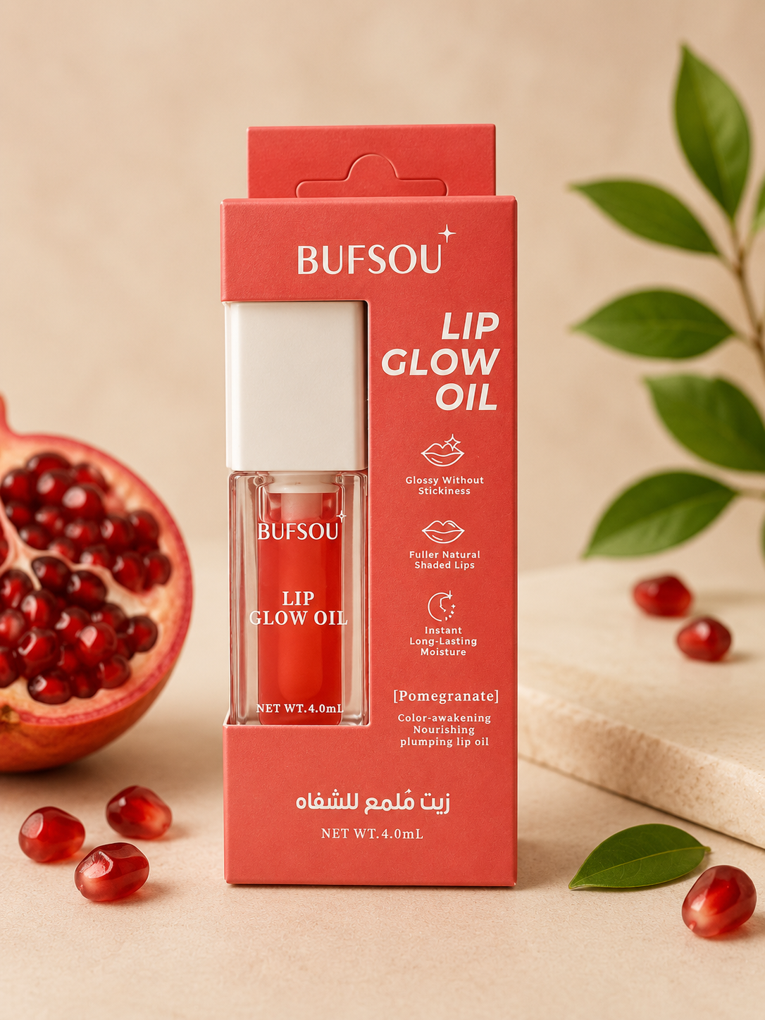 BUFSOU Pomegranate Lip Glow Oil – Moisturizing &amp; Non-Sticky Lip Oil for Glossy, Fuller-Looking Lips