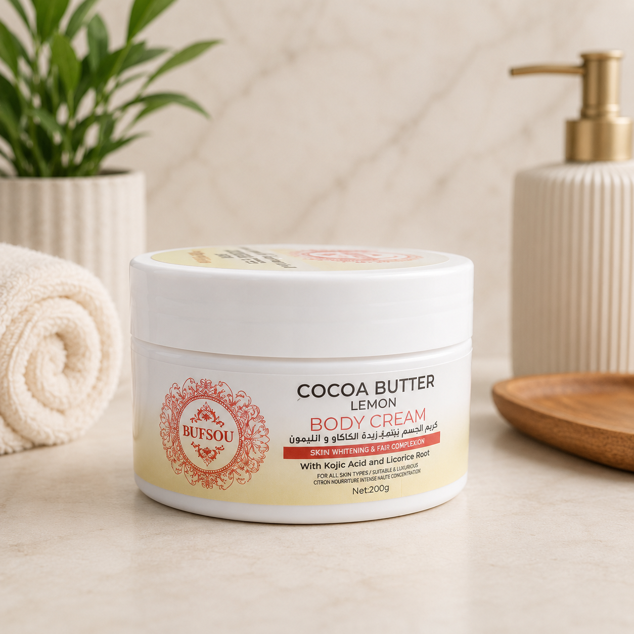 BUFSOU Cocoa Butter Lemon Body Cream – Brightening &amp; Moisturizing Body Cream for Soft Glowing Skin
