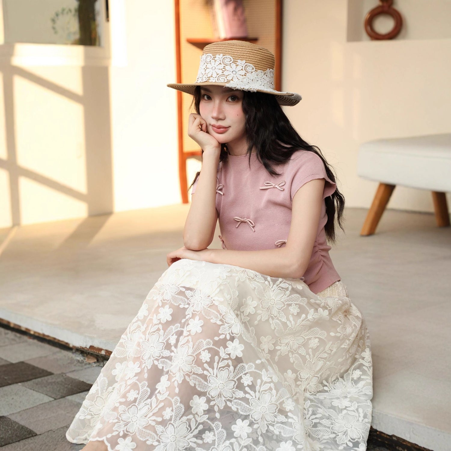 Retro Crochet Hollow-out Design Midi Skirt