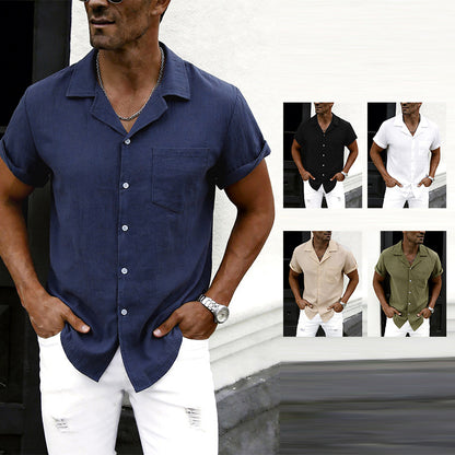 Mens Casual Thin Cotton-linen Short-sleeve Shirt