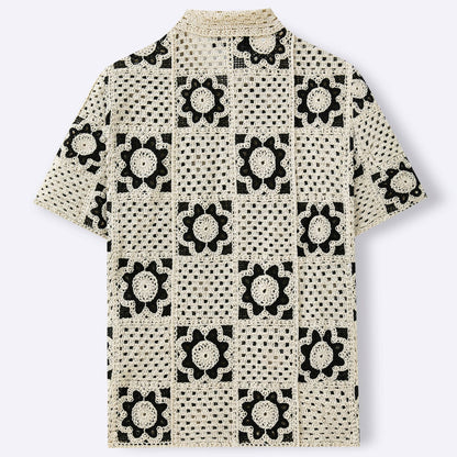 Mens Hollow-Out Crochet Short-Sleeve Shirt