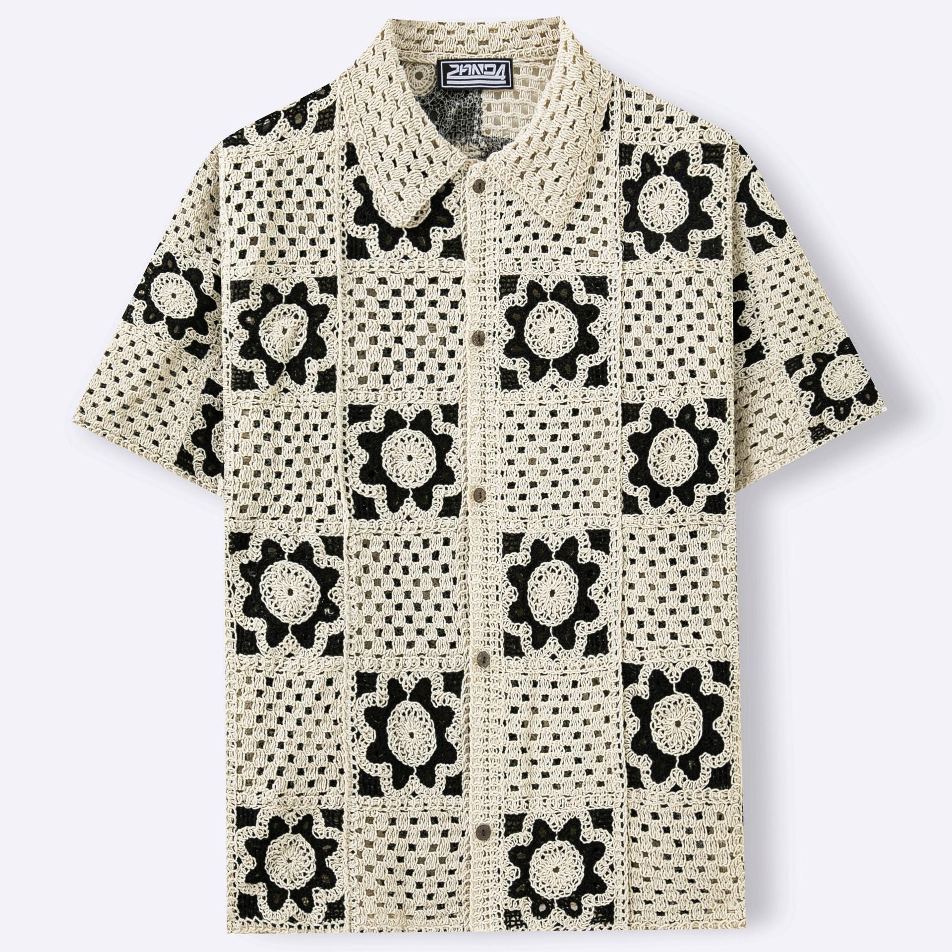 Mens Hollow-Out Crochet Short-Sleeve Shirt
