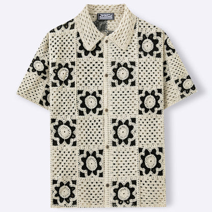 Mens Hollow-Out Crochet Short-Sleeve Shirt